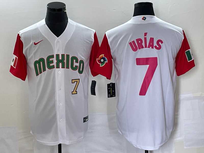 Mens Mexico Baseball #7 Julio Urias Number 2023 White Red World Classic Stitched Jersey 27